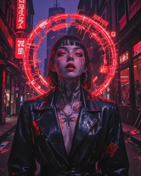 Photorealistic portrait of a Junkie Vampire in a dystopian urban landscape, surrounded by deteriorated buildings and red and purple neon lights. The figure is covered by a long high-quality leather coat, with metallic details that reflect a futuristic desi...
