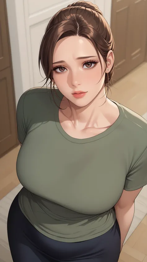 (masterpiece, best_quality:1.2), 1girl, solo, mature female, a1m33, brown hair, low bun, (housewife:1.5, green t-shirt, black long skirt), beautiful eyes, female focus, large breast, wide hips, looking at viewer, ((above view)) ((close up shot)) ((solo)) d...
