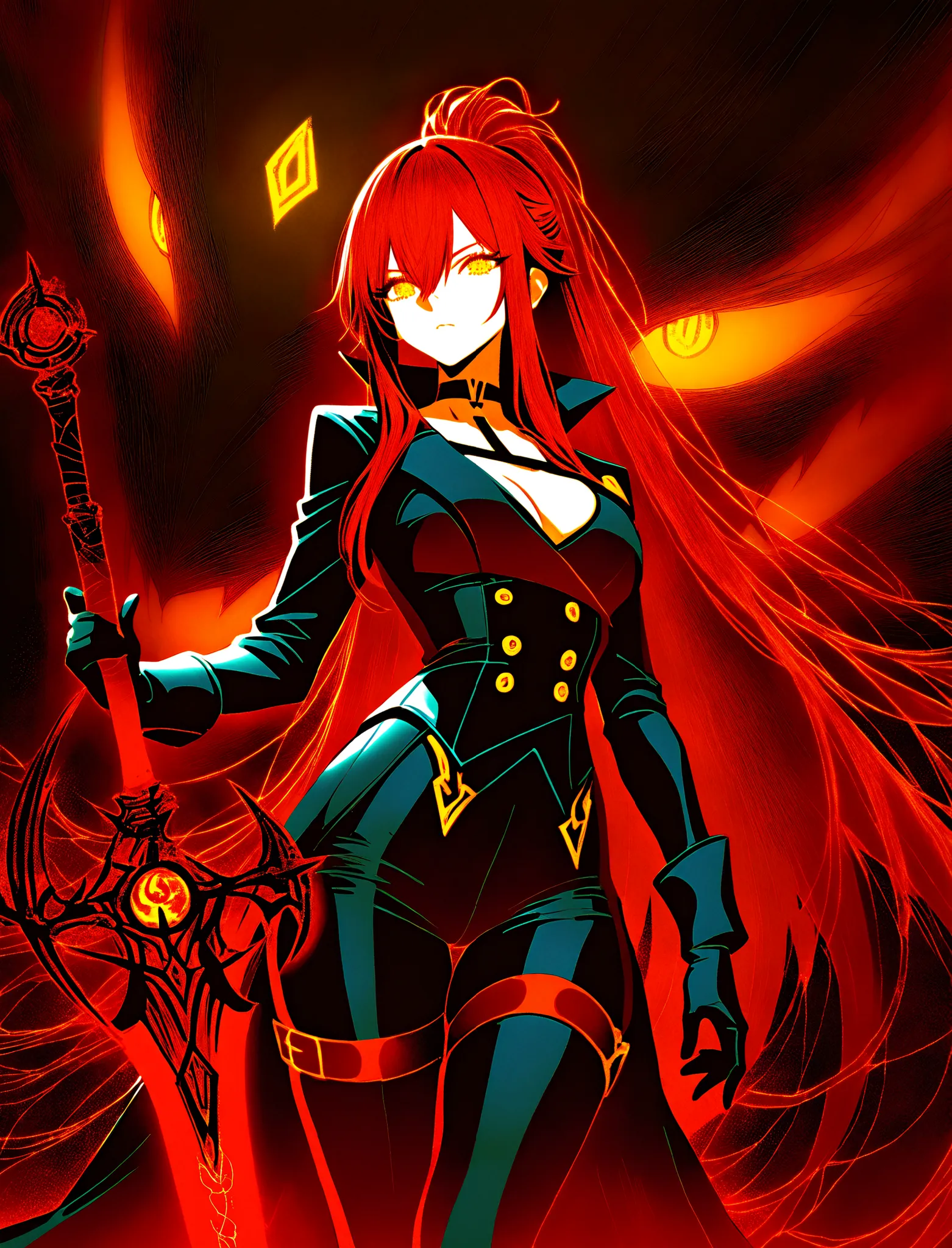 1 girl , golden eyes , very long hair , long sidelocks, red hair ,half updo, petite , very cute , beautiful ,Straight hair, cool, handsome, hair between eyes, sexy, medium breasts, Master of Hell, raising magic sword, ponytail, choker, thigh choker, gather...