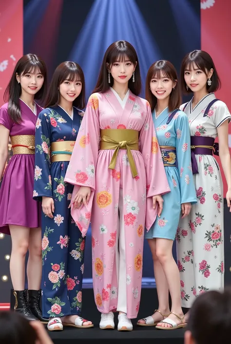 ((5-member female idol unit)),((着物と帯のをアレンジ個性的なCostumeを着ている1.5)), ((Distinguish all 5 people's faces、hairstyle、Costume、Draw everything by color 2.0)),Big smiles at fans.on stage