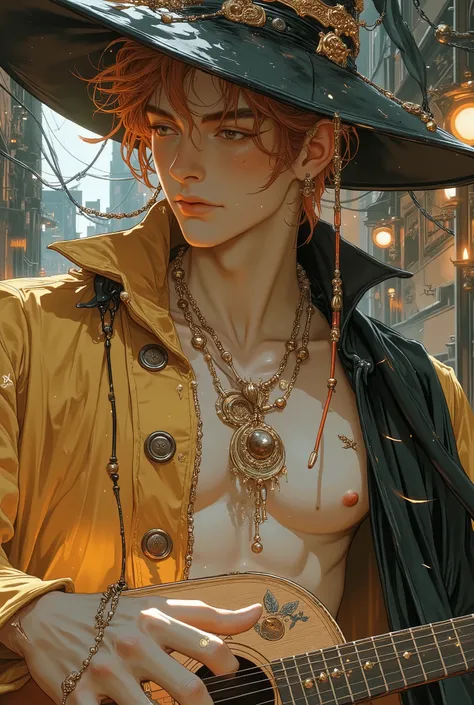Become an Idol Mogul! Build a group so lit their light sticks sell out instantly! handsome young wizards playing the lute, wearing a rich yellow wizards robe that leaves your abdomen exposed. .He has golden red, Mid-Length Layers hair that falls naturally,...