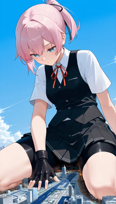 score_9_up, score_8_up, score_7_up, Sit on the ground,bike shorts, black gloves, black skirt, black vest, blue eyes,dress shirt, fingerless gloves, gloves, kantai collection, neck ribbon, pink hair, pleated skirt, ponytail, red ribbon, ribbon, school unifo...