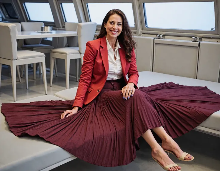 A kind and compassionate therapist sits in her spaceship office, surrounded by starry cosmos through large windows. Her long, pleated skirt flows elegantly around her legs as she wears a uniform jacket over a blouse. Modest low-heel shoes and glasses comp...