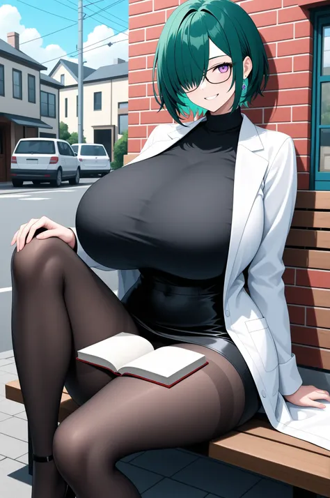 (summer light:1.2), gigantic breasts, 1woman, green hair, short hair, long banns, purple eyes, hair over one eye, put book on her knee, slight smiling, white lab coat, black glasses, black pantyhose, sitting on a wooden bench, outdoors, red brick walls beh...