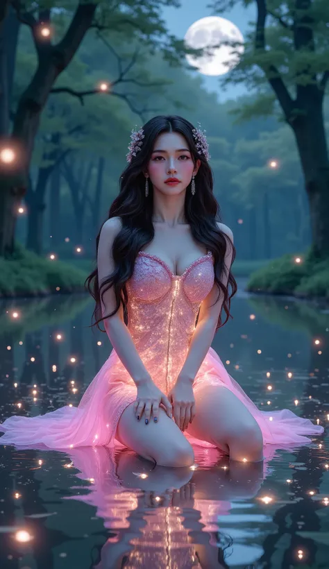 Visual sinematic rantasy From top looking at camera muscle plump busty beautiful woman pink neon aura hieroglyphic dress in fairy tale land Sit on calm forest lake fire fly glowing in the dark evening . Moon reflection on the water lake