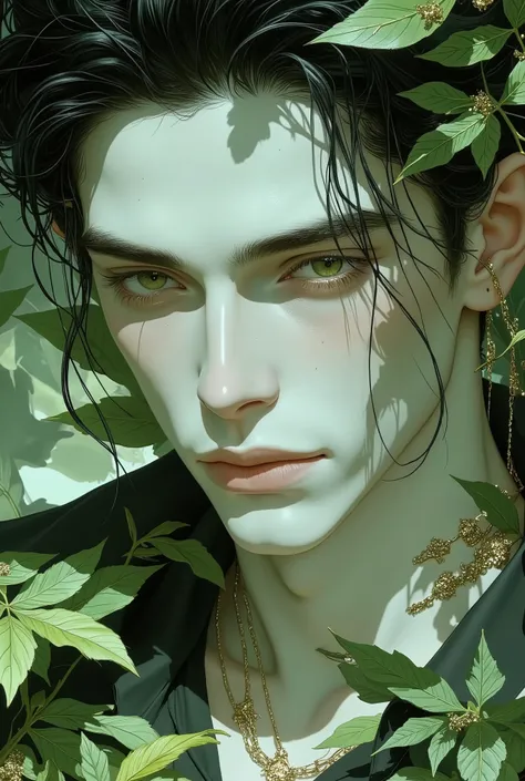 Narcissus as an adolescent Caucasian man, white pale skin , no beard, soft green grey eyes, dark afro expresso hair, face and features soft sculpted lips, well-defined jaws and cheekbones divine beauty , Divine Aura, the edge of a lake in a beautiful fores...