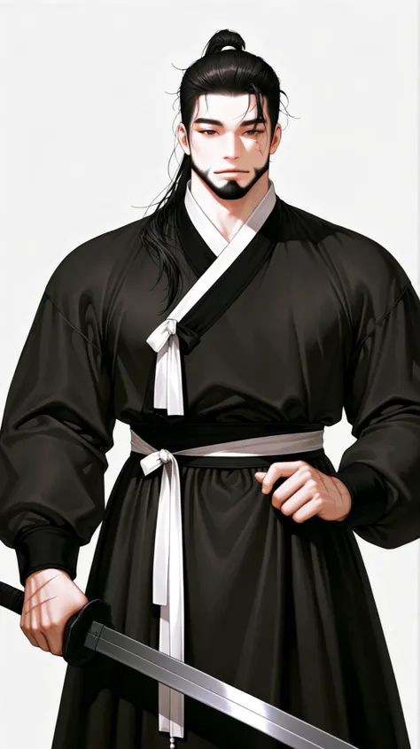 very aesthetic, 걸작, 고해상도, 8k 해상도, high contrast, semrealistic, newest, koreanai, best_quality, finely_detailed_eyes_and_detailed_face, (1 man), brown_eyes, black_hair, beard, chill out , long_hair,  slicked_back, ponytail,  messy_hair, black_hanbok, hanbok...