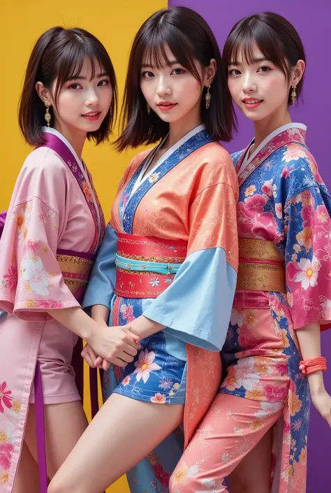 (4 person female idol unit singing live),((着物と帯のを現代風にアレンジした個性的なCostume1.5)),Bare legs, ((4 people face、hairstyle、Costume、Draw everything by color 2.0)),Big smiles at fans.Currently performing live