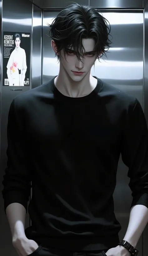 a man,Has slightly messy black hair,with deep eyes looking cold,wearing a simple yet delicate black sweater and jeans,Height 185cm,I often wear a black leather bracelet on my wrist。The background is inside an elevator,There is an advertisement in the elev...