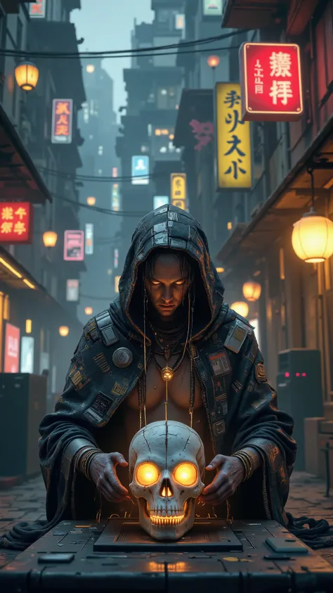 Cyber-shaman in floppy disk cloak performing ritual with pigeon skull (quantum chip inside), cracked server-totem glowing with data streams, warm lanterns light vs cold neon signs, Moebius impossible architecture background, by Stålenhag and Rebisz, 8K tex...