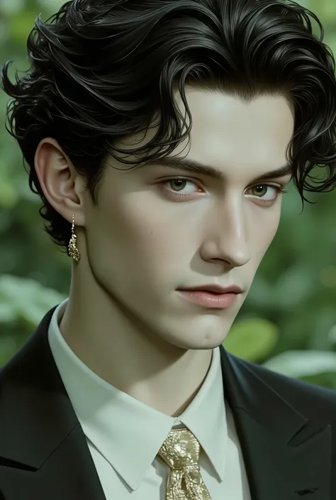 Narcissus as an adolescent Caucasian man, white pale skin , no beard, soft green grey eyes, dark afro expresso hair, face and features soft sculpted lips, well-defined jaws and cheekbones divine beauty , Divine Aura, the edge of a lake in a beautiful fores...