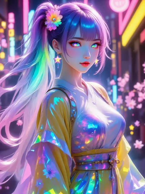 from above, (hatsune miku), (sakura pattern long dress, jump higher, on stage:1.2), (cherry blossom:1.4), (yellow kimono, neon kimono, intricated oriental dress:1.2), anime style, very long twintails, aqua eyes, aqua and pink hair, arms behind back, (blush...