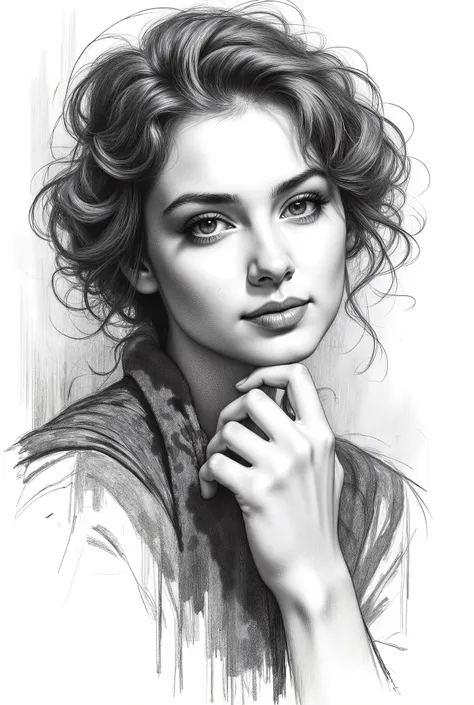 pencil drawing, Black and White, Touch of a pencil , soft-focus realism covered with graphite brushstrokes, gentle and confident expression, detailed Touch of a pencil , black and white sketch on white paper, with classical aesthetics、precise pencil portr...