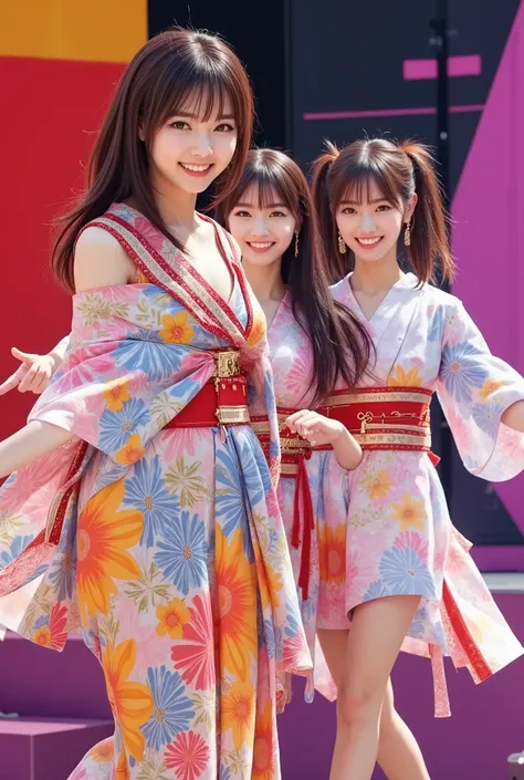 (4 person female idol unit singing live),((着物と帯のを現代風にアレンジした個性的なCostumeを着ている1.5)), ((4 people face、hairstyle、Costume、Draw everything by color 2.0)),Big smiles at fans.Currently performing live