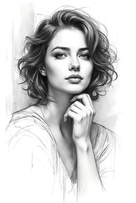 pencil drawing, Black and White, Touch of a pencil , soft-focus realism covered with graphite brushstrokes, gentle and confident expression, detailed Touch of a pencil , black and white sketch on white paper, with classical aesthetics、precise pencil portr...