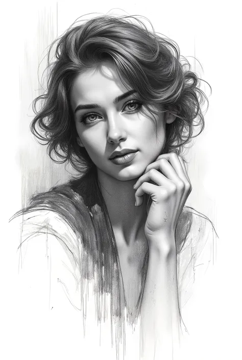 pencil drawing, Black and White, Touch of a pencil , soft-focus realism covered with graphite brushstrokes, gentle and confident expression, detailed Touch of a pencil , black and white sketch on white paper, with classical aesthetics、precise pencil portr...
