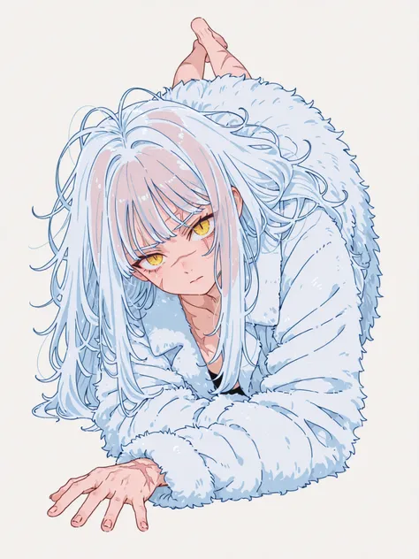 white long messy hair with  yellow eyes, scar on left eye, dynamic pose, fierce look, transparent hair, fur coat