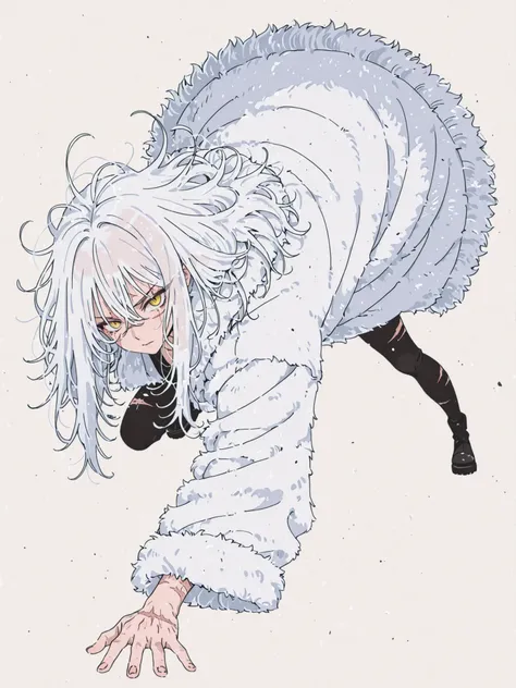 black and white long messy hair, yellow eyes, scar on left eye, dynamic pose, fierce look, transparent hair, fur coat, black and white palette
