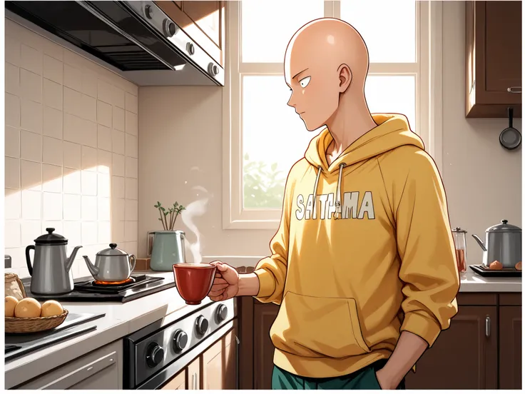 Ghibli-style morning routine of the character Saitama from One punch man, wearing a hoodie with trousers, making tea in his kitchen at home. Masterpiece, 8K quality 