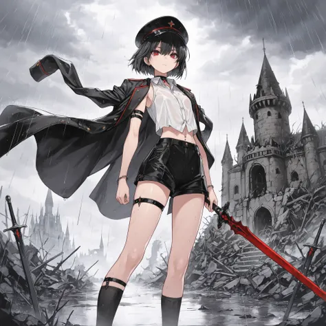 ((Best quality)), ((masterpieces)), (detailed), perfect face, SOLO, ((femboy)), tomgirl, ANIME, beautiful detailed eyes, BOB hair, BOBed hair, black hair, RED EYES, BARE thighs, (((BARE LEG))), ((BLACK short pants)), (((dress shirt))), ((MID DRIFF)), Flat ...