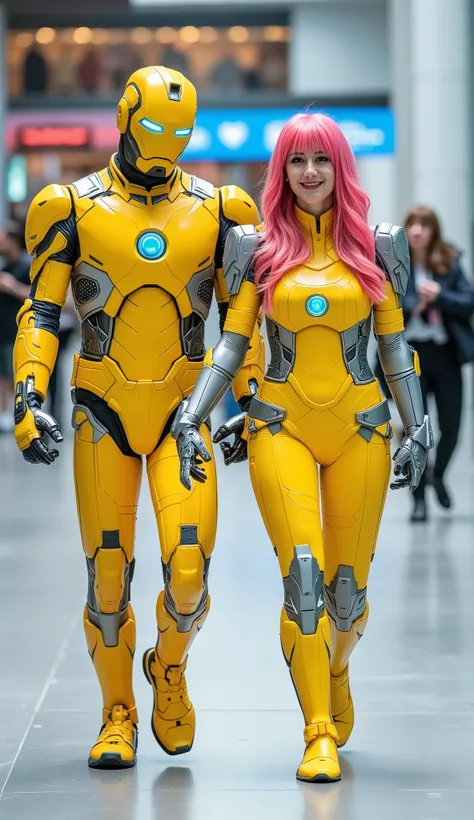 character: 1 man with mask full head wearing futuristic yellow Ironman body suit with silver armor futuristic blue accents , and 1 woman pink hair Long Bangs Wearing futuristic yellow ironman body suit with silver armor futuristic blue accents. Their faci...