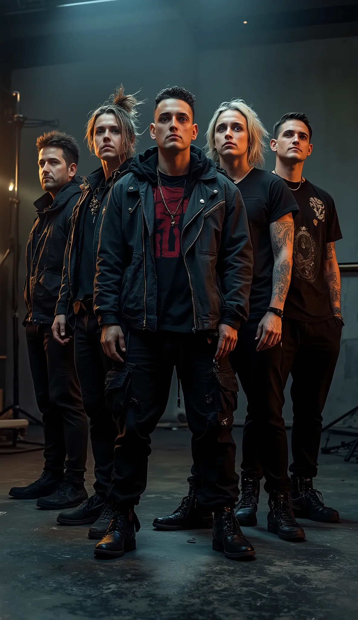 a hyper-realistic photo of a rock band in the style of Linkin Park, group of 5 to 6 male and female members with edgy fashion, dark casual clothes, piercings and tattoos, standing confidently in a professional photo studio with dramatic studio lighting, ci...
