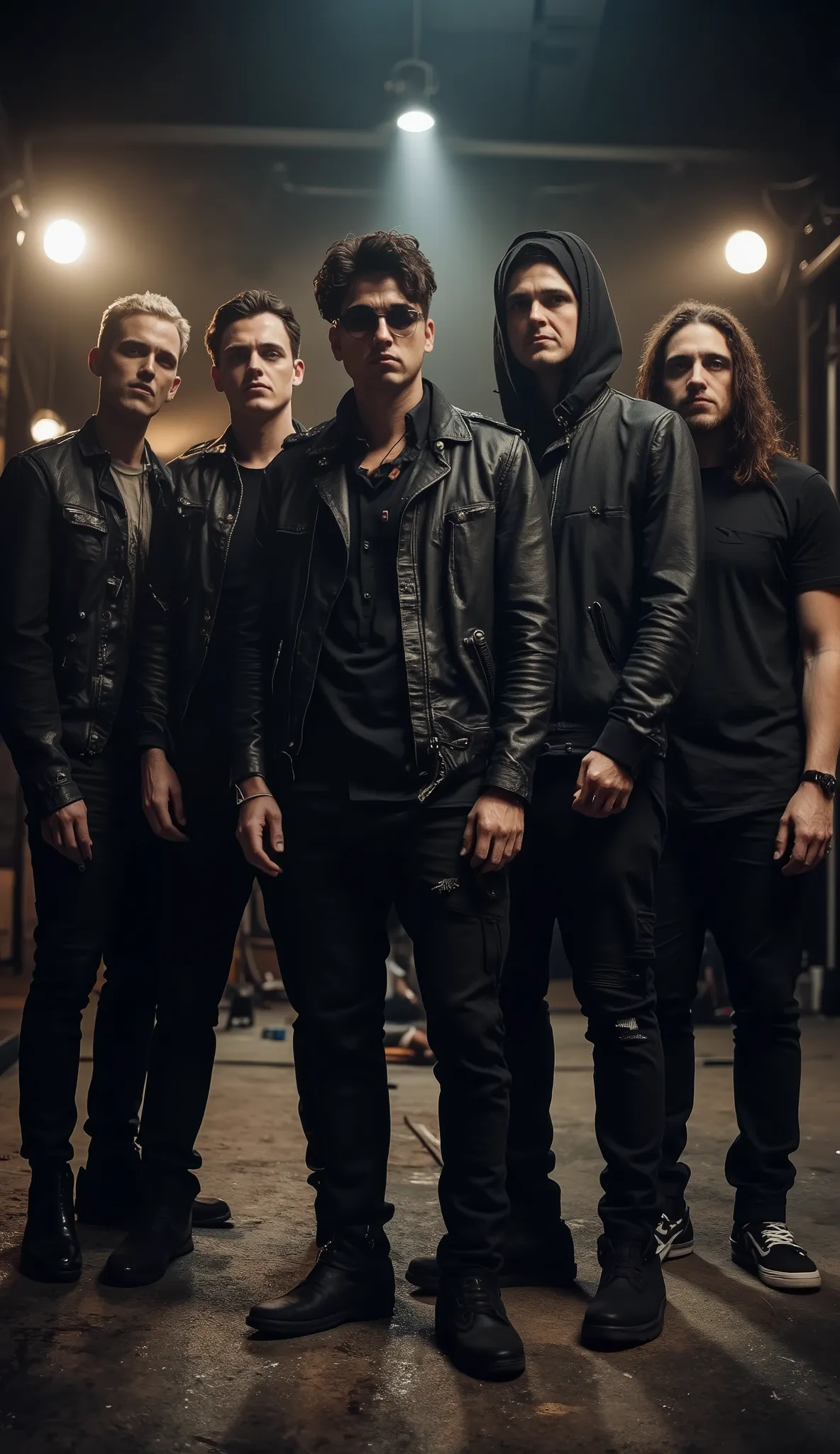 a hyper-realistic photo of a rock band in the style of Linkin Park, group of 5 to 6 male and female members with edgy fashion, dark casual clothes, piercings and tattoos, standing confidently in a professional photo studio with dramatic studio lighting, ci...