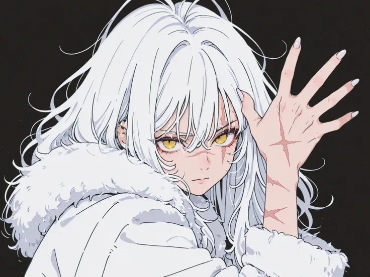 black and white long messy hair, yellow eyes, scar on left eye, dynamic pose, fierce look, transparent hair, fur coat, black and white palette, long nails