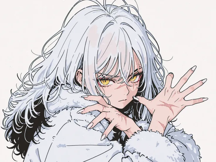 black and white long messy hair, yellow eyes, scar on left eye, dynamic pose, fierce look, transparent hair, fur coat, black and white palette, long nails