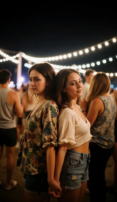 a hyper-realistic photo of a rock band in the style of Two smiling young women standing back to back, holding hands, surrounded by people dancing and having fun at a lively outdoor night party with string lights glowing in the background, summer atmosphere...