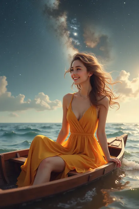 A woman riding a wooden boat in a place with a view of the galaxy in the ocean,A woman in a wooden boat wearing a beautiful and sophisticated dress,Combined double exposure of the ocean and galaxy,High resolution with the ocean as the main,4k, photo realistic ,detailed description,Professional level,Realistic lighting,Rich Color,Soft bokeh effects, spacecraft,Space background,Mysterious Milky Way,tide,ocean waves,Natural light,Golden split dress,attractive expression,graceful posture,Exquisite composition,fine details