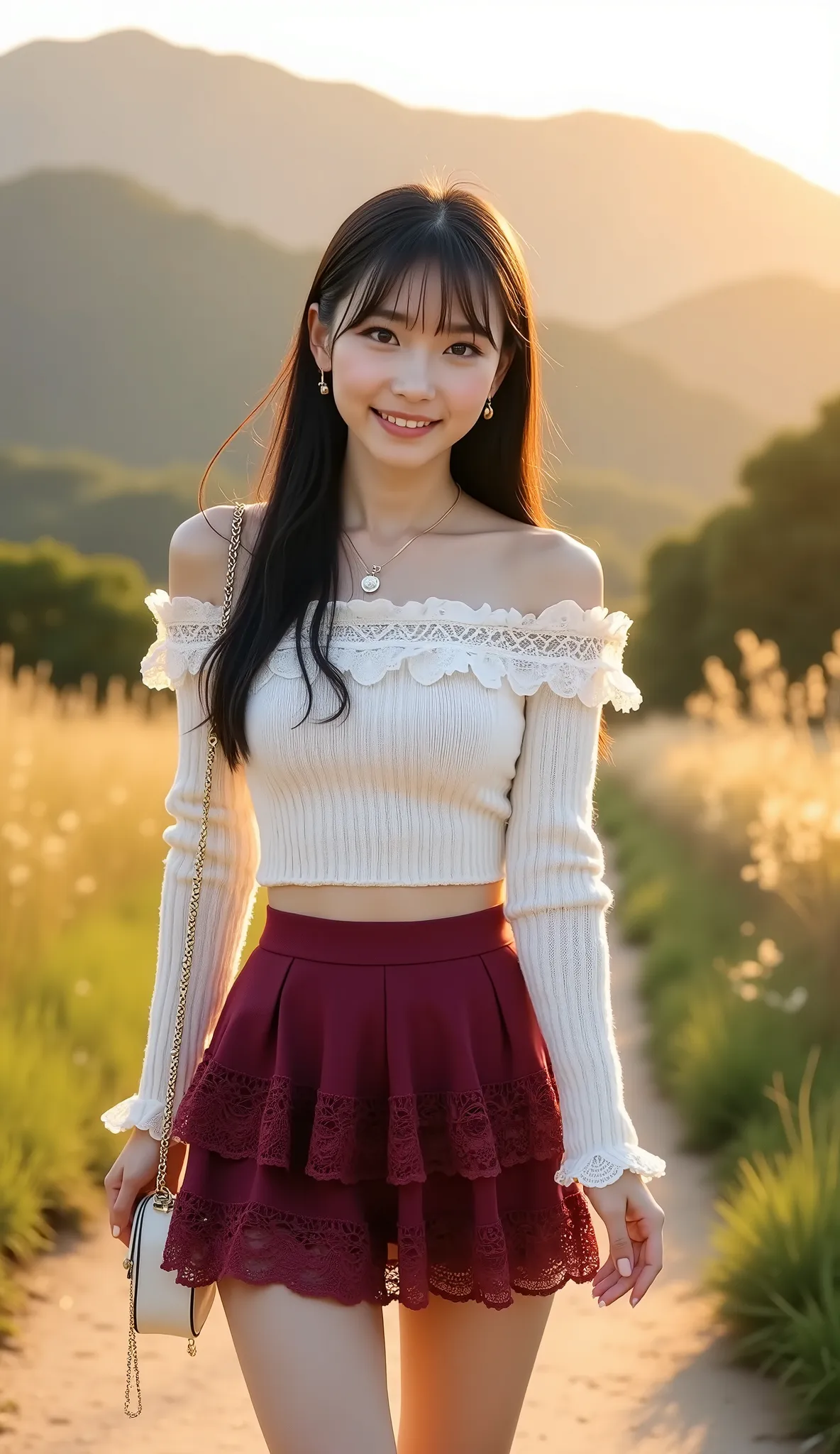 ((full body shot:1.5))、(petite young Japanese woman touring mountain tourist spots)、Countryside path with countryside、( walking :1.35)、Countryside Scenery、((dating))、evening、sunset、Smiling、((white off-shoulder knitted sweater with lace frills))、(burgundy l...