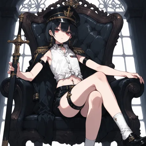 ((Best quality)), ((masterpieces)), (detailed), perfect face, SOLO, ((femboy)), tomgirl, ANIME, beautiful detailed eyes, BOB hair, BOBed hair, black hair, RED EYES, BARE thighs, (((BARE LEG))), ((BLACK short pants)), (((dress shirt))), ((MID DRIFF)), ((Fla...