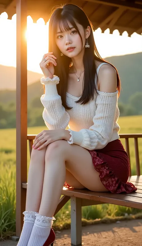 ((full body shot:1.5))、(petite young Japanese woman touring mountain tourist spots)、Countryside bus stop with large countryside、(sitting on a bench in a small, deserted hut:1.35)、Countryside Scenery、((dating))、evening、sunset、Smiling、((white off-shoulder kn...