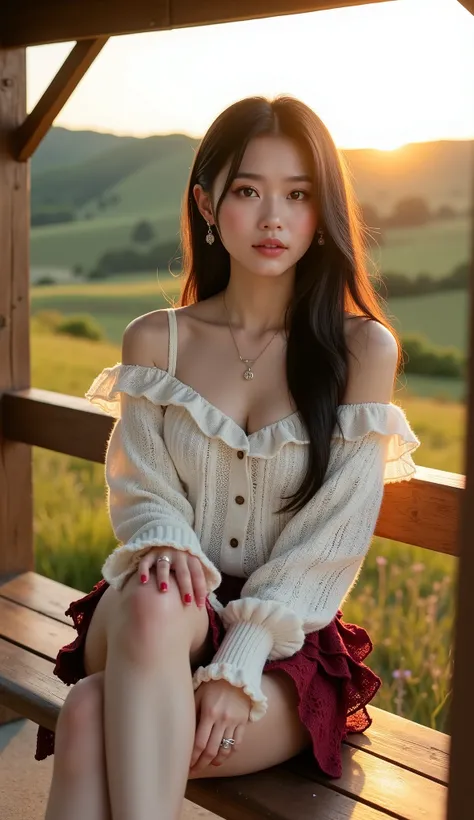 ((full body shot:1.5))、(petite young Japanese woman touring mountain tourist spots)、Countryside bus stop with large countryside、(sitting on a bench in a small, deserted hut:1.35)、Countryside Scenery、((dating))、evening、sunset、Smiling、((white off-shoulder kn...