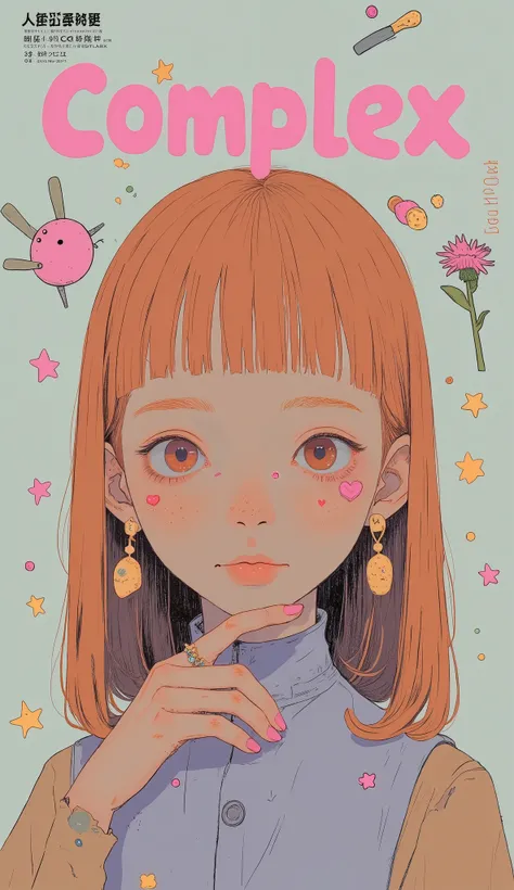 A young woman with light tan skin and long, facing forward, stylish face and decorative motifs. Her expression is neutral and somewhat serene, and she has a small heart-shaped marking on one cheek. 彼女は遊び心のあるグラフィックand最小限のカラーパレット, pastel color design, includ...