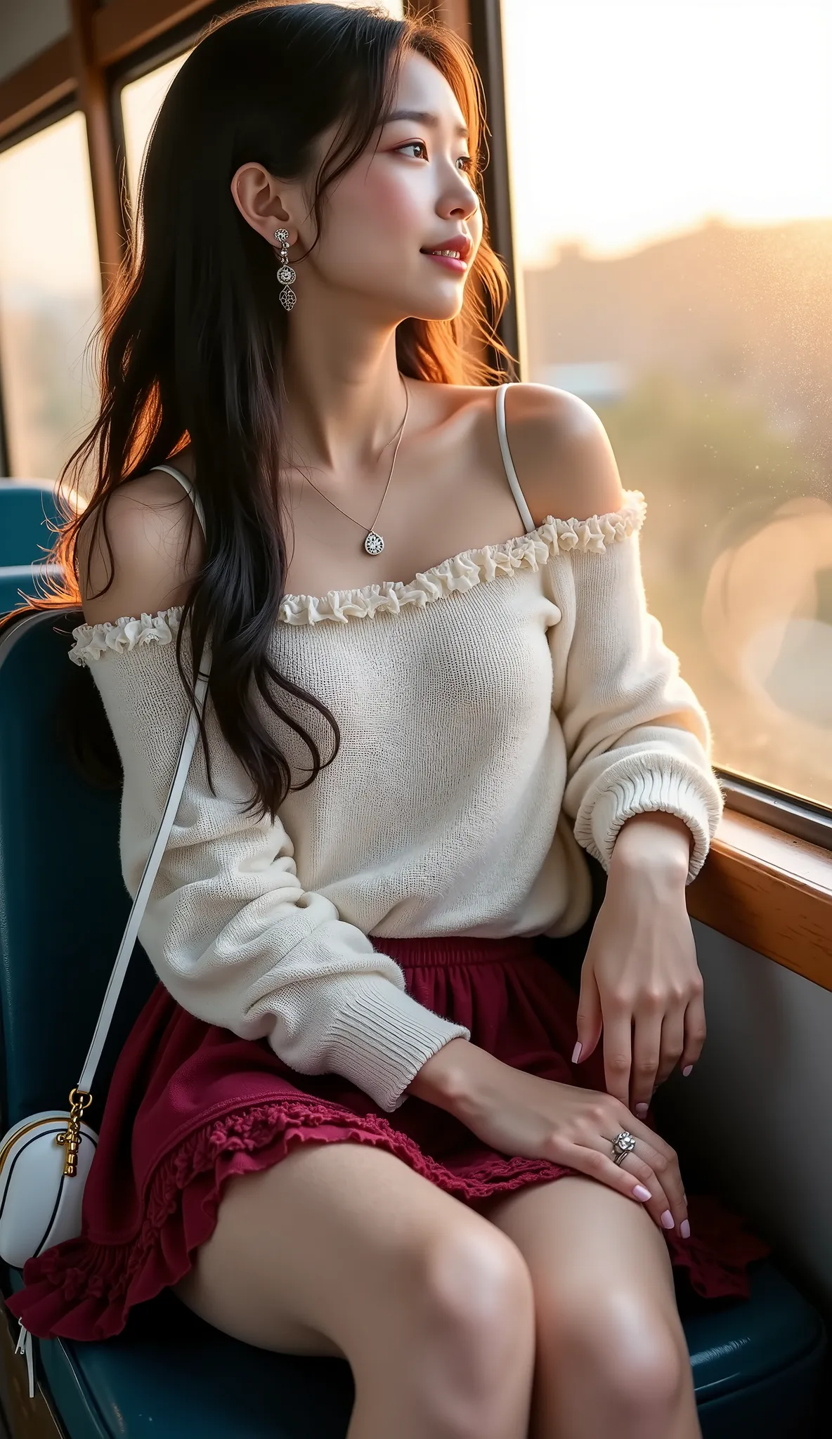 ((full body shot:1.5))、(petite young Japanese woman touring mountain tourist spots)、Inside a rural bus、(Seated in a small, deserted bus seat:1.35)、Countryside view outside the window、((dating))、evening、sunset、Smiling、((white off-shoulder knitted sweater wi...