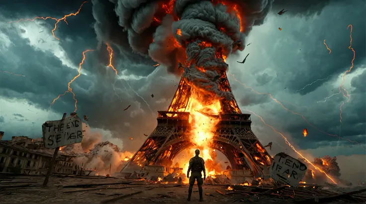 arafed image of a man standing in front of a huge tornado, vfx art, epic vfx shot, end of the world, eiffel tower is burning, end of world, amazingly epic visuals, highly detailed surreal vfx, apocalyptic art, stunning vfx, 8k vfx render, incredible vfx, s...