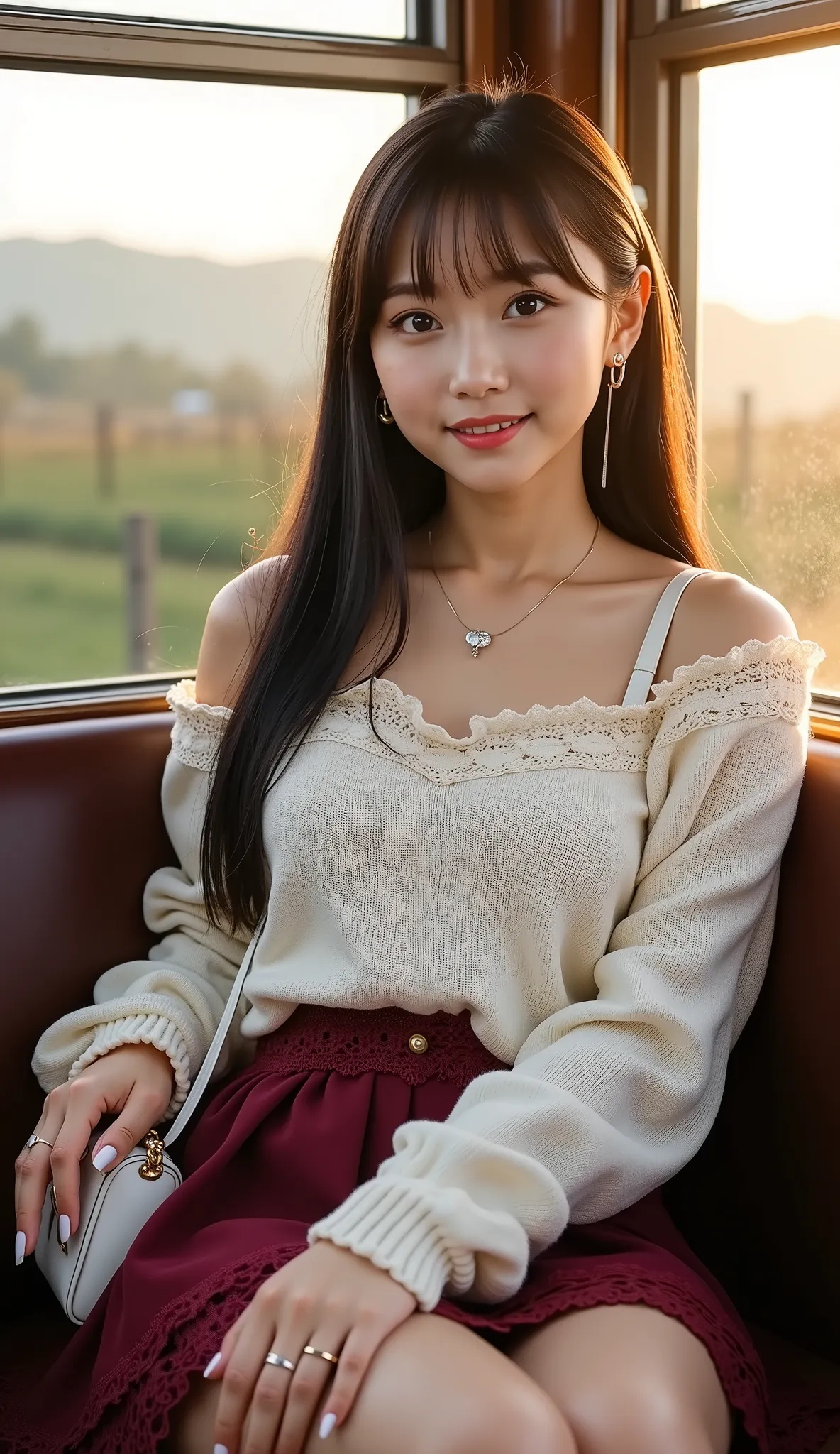 ((full body shot:1.5))、(petite young Japanese woman touring mountain tourist spots)、Inside a rural bus、(Seated in a small, deserted bus seat:1.35)、Countryside view outside the window、((dating))、evening、sunset、Smiling、((white off-shoulder knitted sweater wi...