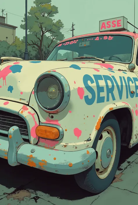 The image shows off the front section of a Russian vintage car, vibrant and charming atmosphere. car is mostly white, classic car design, Colorful Designs. spelled out in bold blue letters "service," spelled out in pink letters "Asse." green and pink patte...