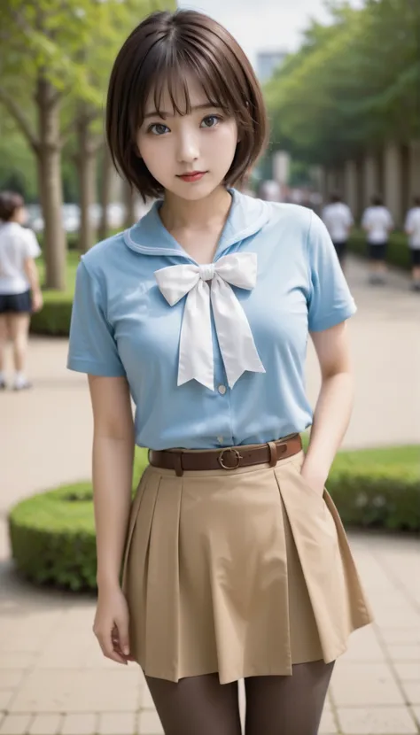 score_9, score_8_up, score_7_up, score_6_up, Source_ 1girl, solo,   PMMly, dark haired, brown eyes, short hair, hair bow,  white bow , Light Blue Shirts, sailor color, neckerchief, Burberry Check Skirts, Pleated Skirt, black knee high socks，Brown Loafers，i...