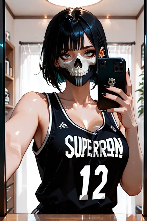 (SuperQuality:1.0) ~ (SuperQuality:1.2), detailxl, girl, Solo, High Resolution, Best Quality, High Details, Super Detailed, indoors, (simon_riley), ((skull_mask)), oversize basketball jersey, sleeveles, ear piercing, large breasts, short hair, black hair, ...