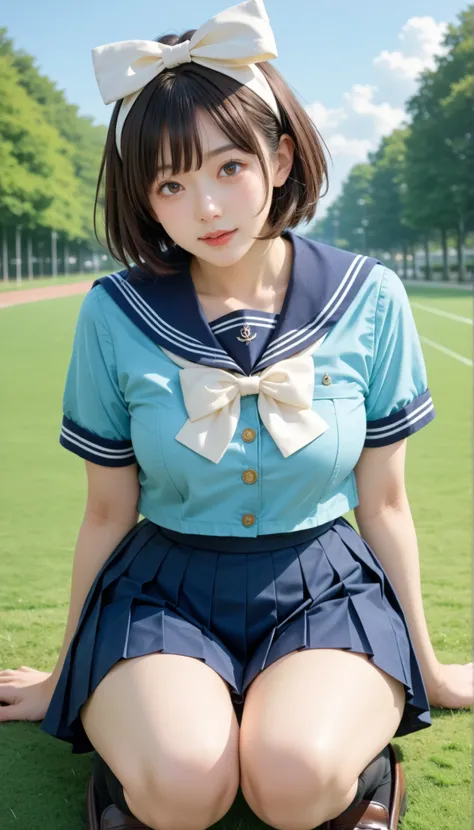 score_9, score_8_up, score_7_up, score_6_up, Source_ 1girl, solo,   PMMly, dark haired, brown eyes, short hair, hair bow,  white bow , Light Blue Shirts, sailor color, neckerchief, Burberry Check Skirts, Pleated Skirt, black knee high socks，Brown Loafers，i...