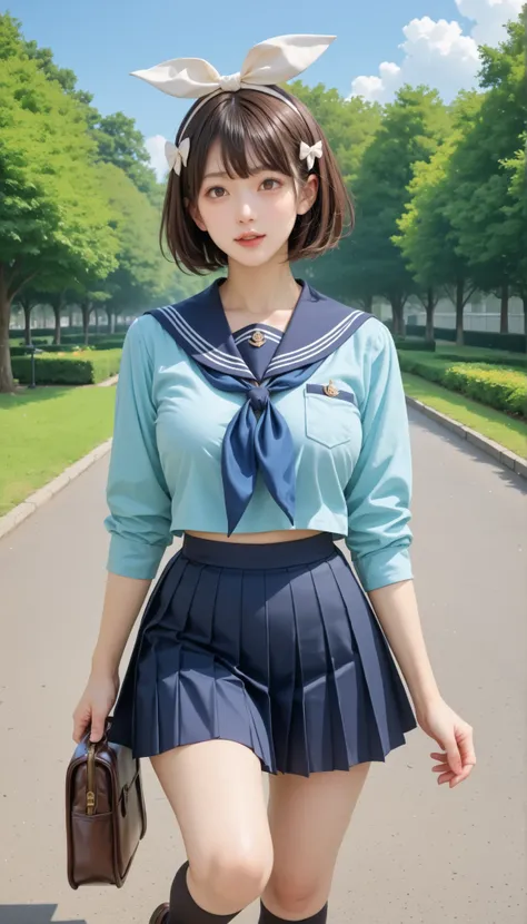 score_9, score_8_up, score_7_up, score_6_up, Source_ 1girl, solo,   PMMly, dark haired, brown eyes, short hair, hair bow,  white bow , Light Blue Shirts, sailor color, neckerchief, Burberry Check Skirts, Pleated Skirt, black knee high socks，Brown Loafers，i...