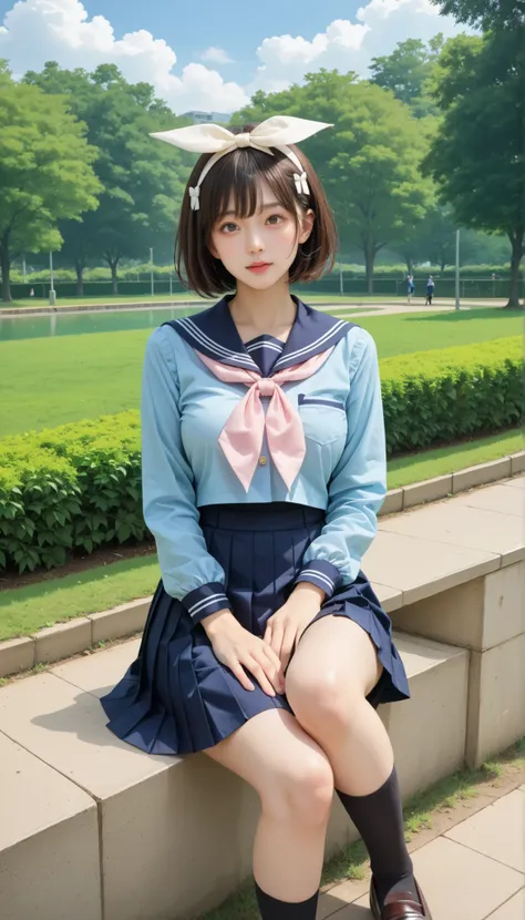 score_9, score_8_up, score_7_up, score_6_up, Source_ 1girl, solo,   PMMly, dark haired, brown eyes, short hair, hair bow,  white bow , Light Blue Shirts, sailor color, neckerchief, Burberry Check Skirts, Pleated Skirt, black knee high socks，Brown Loafers，i...