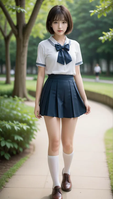 score_9, score_8_up, score_7_up, score_6_up, Source_ 1girl, solo,   PMMly, dark haired, brown eyes, short hair, hair bow,  white bow , white shirt, sailor color, neckerchief, Burberry Check Skirts, Pleated Skirt, black knee high socks，Brown Loafers，is watc...