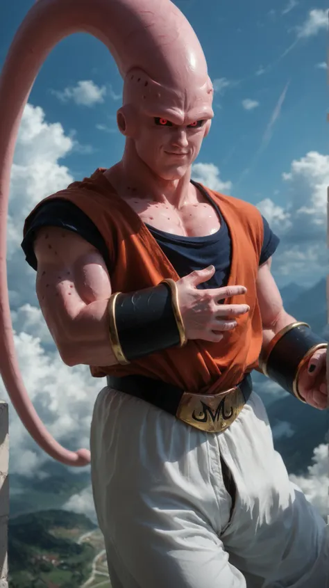 score_9, score_8_up, score_7_up, buuhandb, 1boy, solo, colored skin, pink skin, black sclera, red eyes, antenna, dougi, pants, belt, bracers, looking at viewer, BREAK, flying , blue sky , clouds