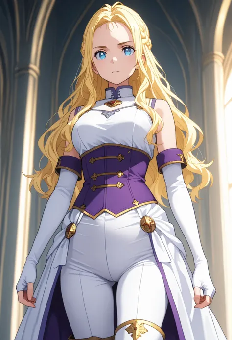 solo, ushio kofune, long hair, wavy hair, blond hair, braid, blue eyes, in a castle, medieval noble, medieval princess, sleeveless top, white gloves, arm gloves, Fingerless Gloves, white tight pants, white boots, purple corset, white thigh boots, white and...