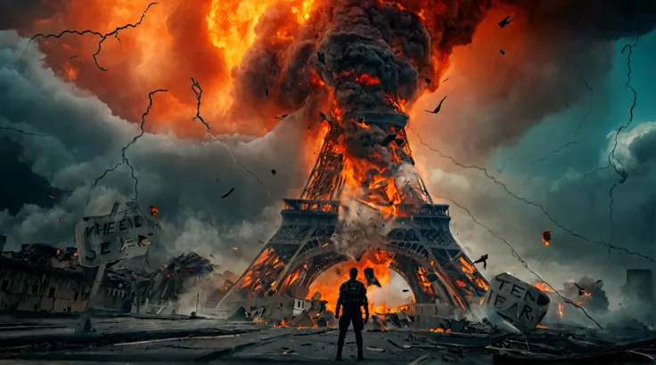 Ultra-wide IMAX cinematic thumbnail of a massive flaming tornado ripping through the Eiffel Tower, Eiffel Tower cracking and collapsing from the middle, colossal storm vortex pulling in flaming metal debris, collapsing skyscrapers and exploding buildings i...