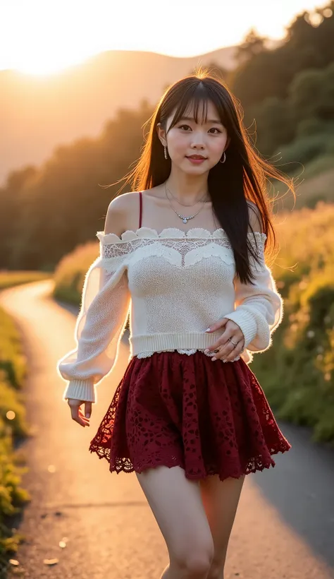 ((full body shot:1.5))、(petite young Japanese woman touring mountain tourist spots)、Countryside path with countryside、(It looks like they're skipping:1.35)、Countryside Scenery、((dating))、evening、sunset、Smiling、((white off-shoulder knitted sweater with lace...
